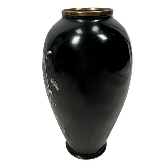 Vintage Asian Vase Enamel Over Brass with Mother of Pearl Inlay Flower Floral 6" - Picture 4 of 8